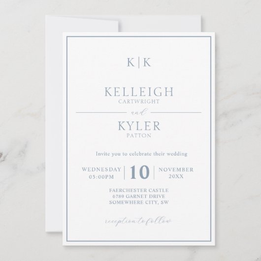 Invitation Mariage photo classique Dusty Blue Monogram (Devant)