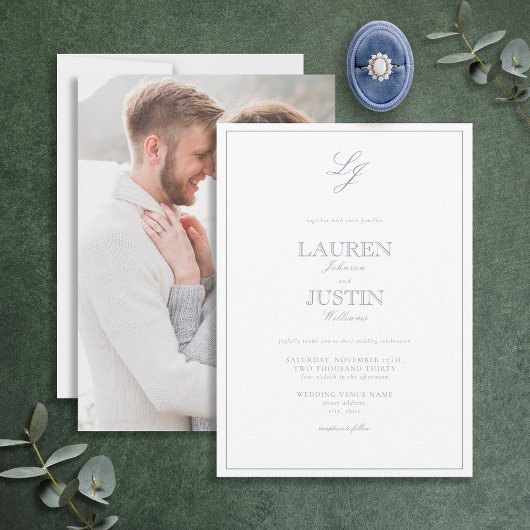 Invitation Mariage photo classique Dusty Blue Script Monogram