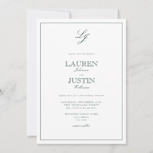 Invitation Mariage photo classique Emerald Green Monogram (Devant)