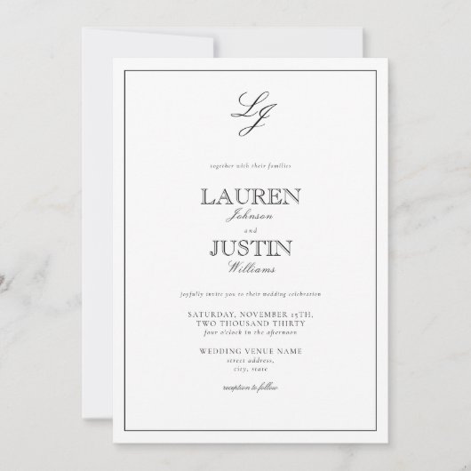 Invitation Mariage photo classique en noir blanc Script Monog (Devant)