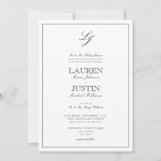 Invitation Mariage photo classique en noir blanc Script Monog (Devant)