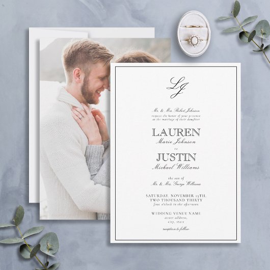 Invitation Mariage photo classique en noir blanc Script Monog