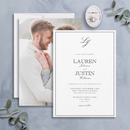 Invitation Mariage photo classique en noir blanc Script Monog