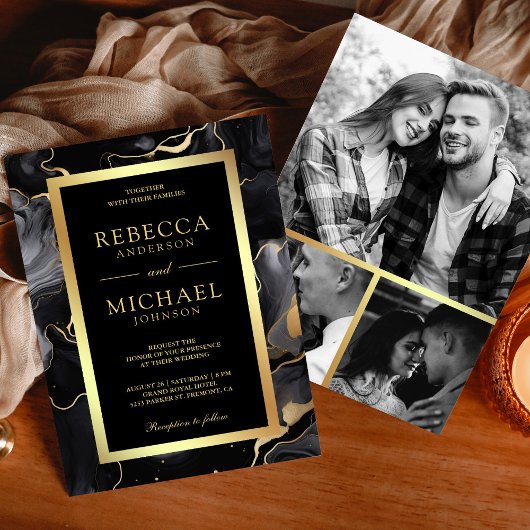 Invitation Mariage photo Collage d'encre liquide d'or noir
