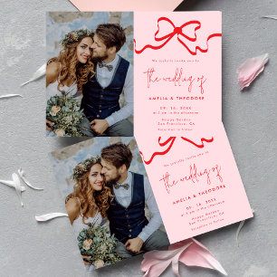 Invitation Mariage photo Coquette Pink Red Bow