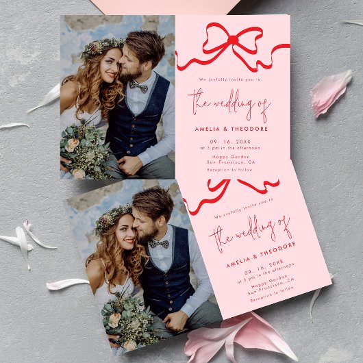 Invitation Mariage photo Coquette Pink Red Bow