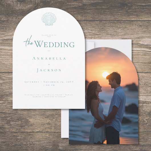 Invitation Mariage photo coquille blanche aqua typographie mi