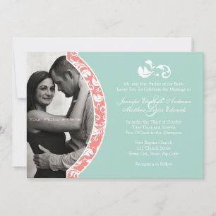 Invitation Mariage photo Coral et Mint Damask