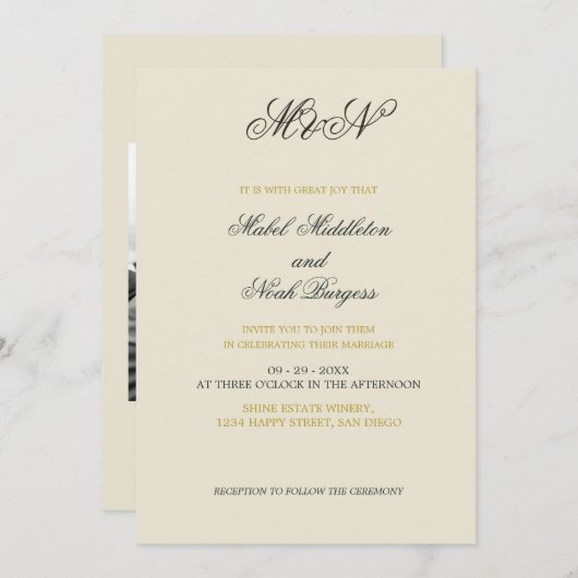 Invitation Mariage photo couleur romantique neutre (Devant / Derrière)