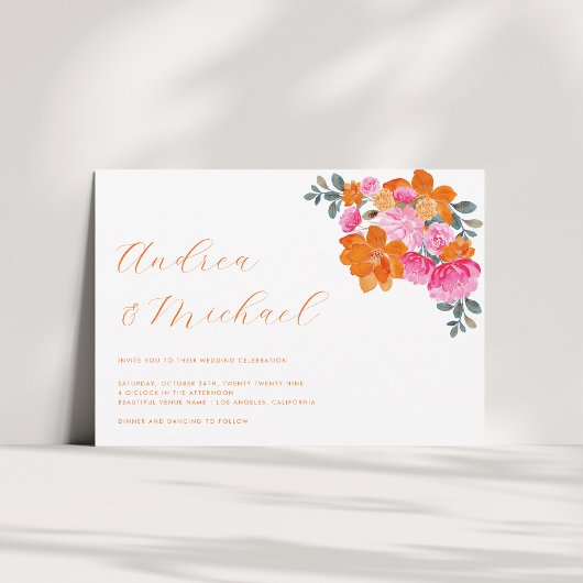 Invitation Mariage photo couleur rose et orange floral