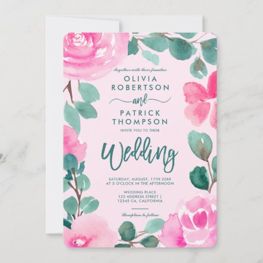 Invitation Mariage photo couleur vert rose gras (Devant)