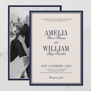 Invitation Mariage Photo Crème Bleu Nuit Classique Argent Anc