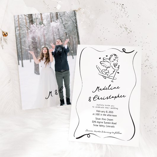 Invitation Mariage photo Cute Whimsical Main tiré Cupid Ski