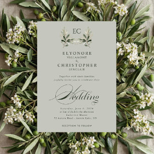 Invitation Mariage photo de branche d'olivier vert sauge mono