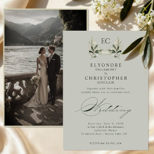 Invitation Mariage photo de branche d'olivier vert sauge mono
