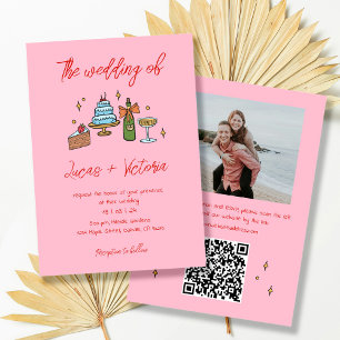 Invitation Mariage photo de code QR blanc rose main