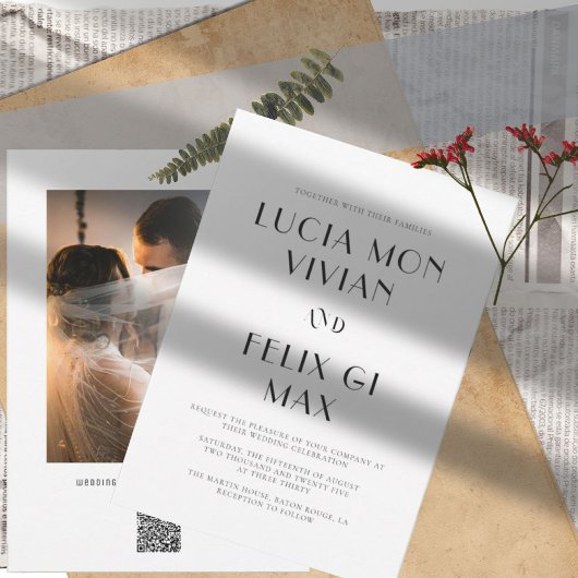 Invitation Mariage photo de code QR noir et blanc en gras