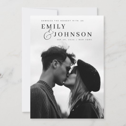 Invitation Mariage photo de code QR noir et blanc esthétique (Devant)