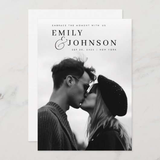 Invitation Mariage photo de code QR noir et blanc esthétique (Devant / Derrière)