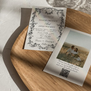 Invitation Mariage photo de code QR noir et blanc floral