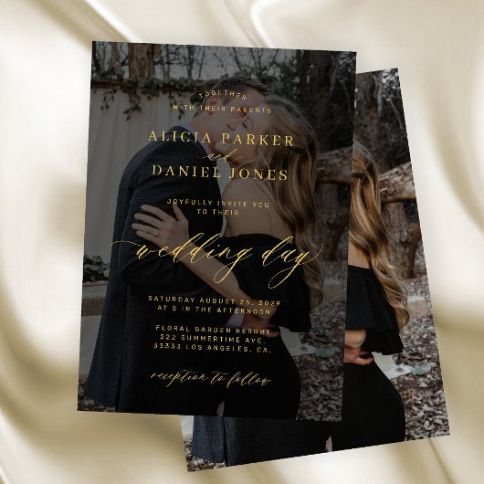 Invitation Mariage photo de couverture noire en or moderne