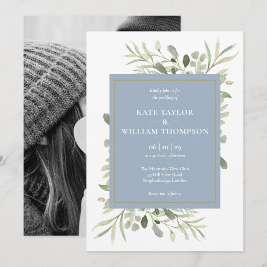 Invitation Mariage Photo de feuillage de verdure bleu poussié (Devant / Derrière)