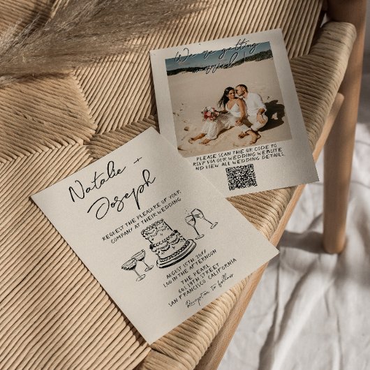 Invitation Mariage photo de gâteau écrit avec code QR tiré à
