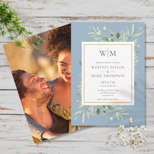 Invitation Mariage photo de greenery bleu poussiéreux de mono