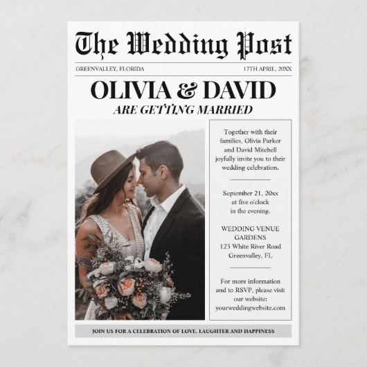 Invitation Mariage photo de journal unique (Devant)