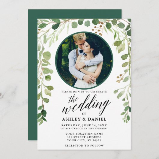 Invitation Mariage photo de la calligraphie végétale verte (Devant / Derrière)