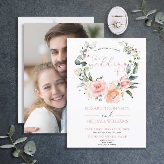 Invitation Mariage photo de la couronne de fleurs rose foncé