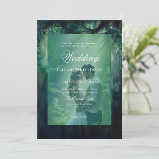 Invitation Mariage photo de la forêt enchantée accrochant la  (Debout devant)