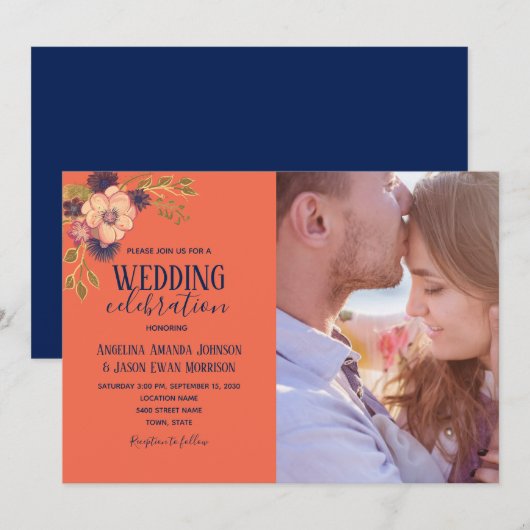 Invitation Mariage photo de la marine Blue Peach rose Floral (Devant / Derrière)