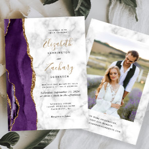 Invitation Mariage Photo de Marbre d'agate dorée violette mod
