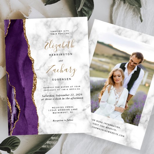 Invitation Mariage Photo de Marbre d'agate dorée violette mod