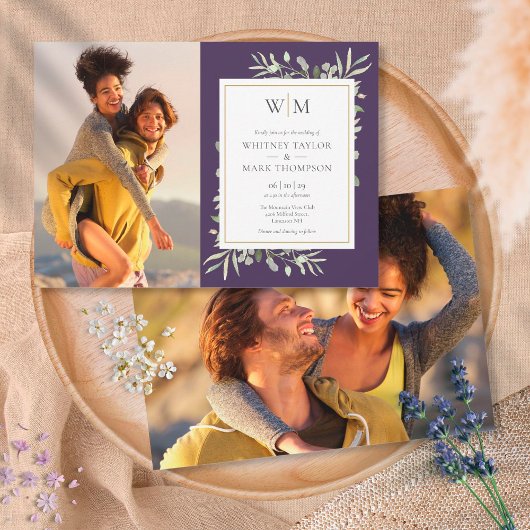 Invitation Mariage photo de Monogram Greenery Purple