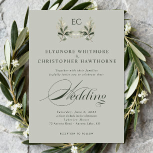 Invitation Mariage photo de monogramme de branche d'olive ver