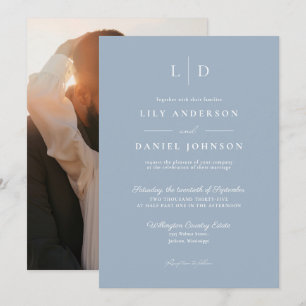 Invitation Mariage photo de monogramme minimaliste bleu pouss