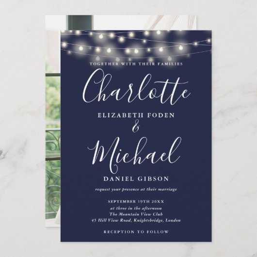 Invitation Mariage photo de script de la Marine Blue String (Devant / Derrière)