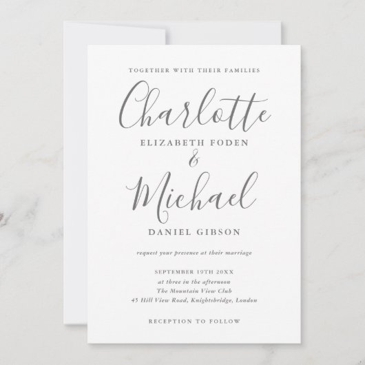 Invitation Mariage photo de script de signature gris et blanc (Devant)