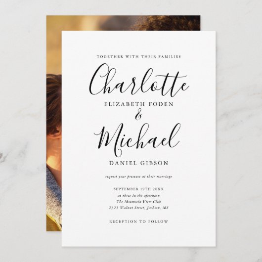 Invitation Mariage photo de script de signature noir et blanc (Devant / Derrière)
