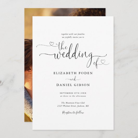 Invitation Mariage photo de script des Coeurs noir et blanc m (Devant / Derrière)