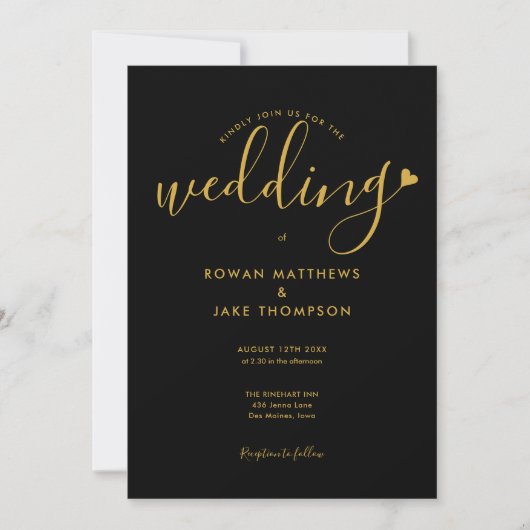 Invitation Mariage photo de script élégant Black and Gold Hea (Devant)