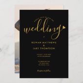 Invitation Mariage photo de script élégant Black and Gold Hea (Devant / Derrière)