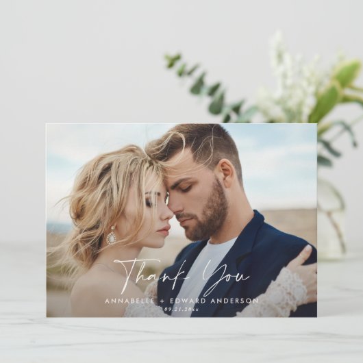 Invitation Mariage photo de script merci sage vert moderne (Debout devant)