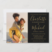Invitation Mariage photo de script noir et or tout en un (Devant)