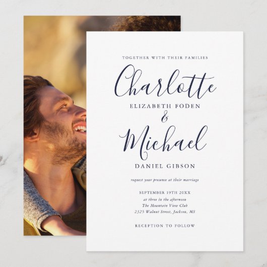 Invitation Mariage photo de signature bleu de la Marine (Devant / Derrière)