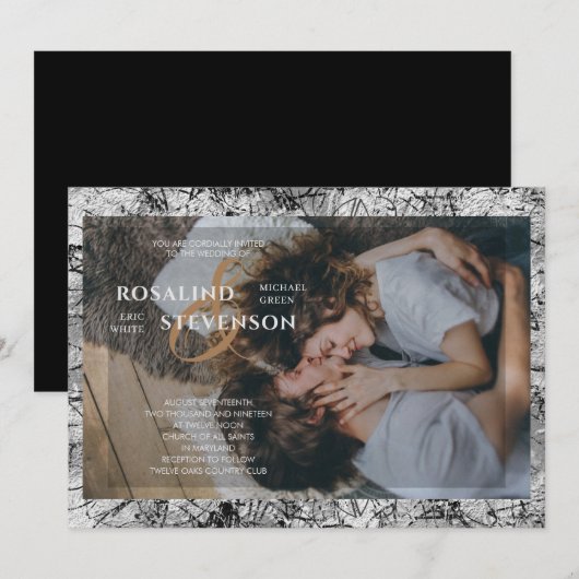 Invitation Mariage photo de texture ornementale noir et blanc (Devant / Derrière)