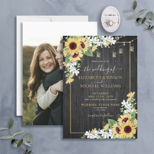 Invitation Mariage photo de tournesol rustique et gris floral