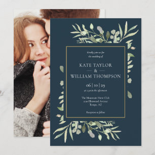 Invitation Mariage Photo de verdure bleu profond et or